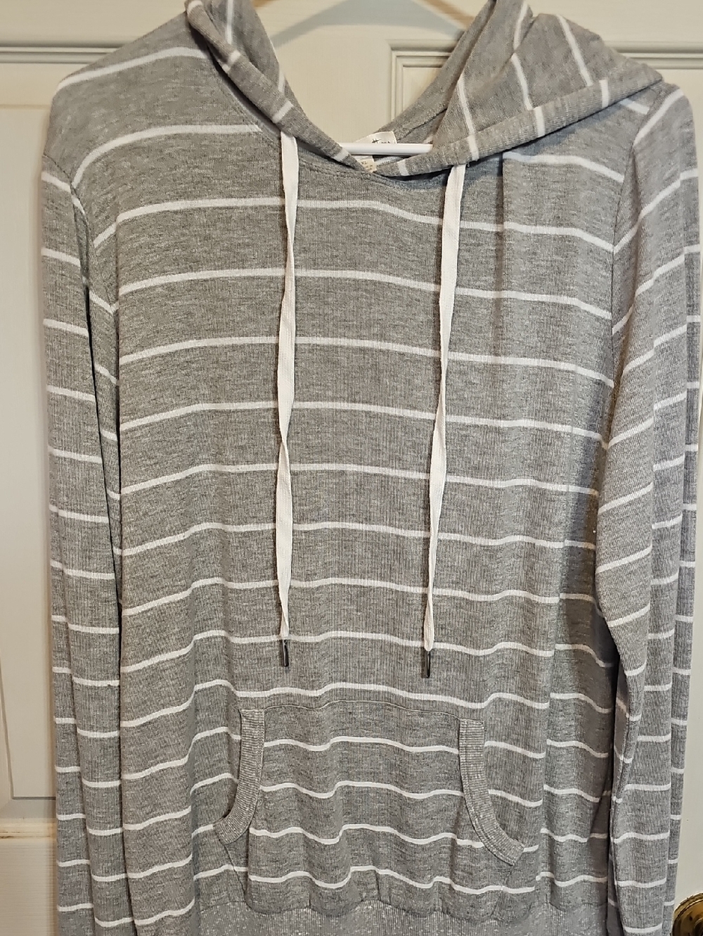 nine britton Gray and White Striped Hooded Pullover